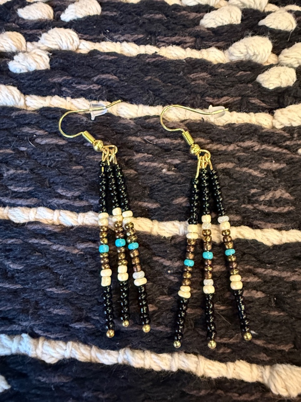 Beaded Tassel Dangle Earrings - Black, Turquoise & Gold -